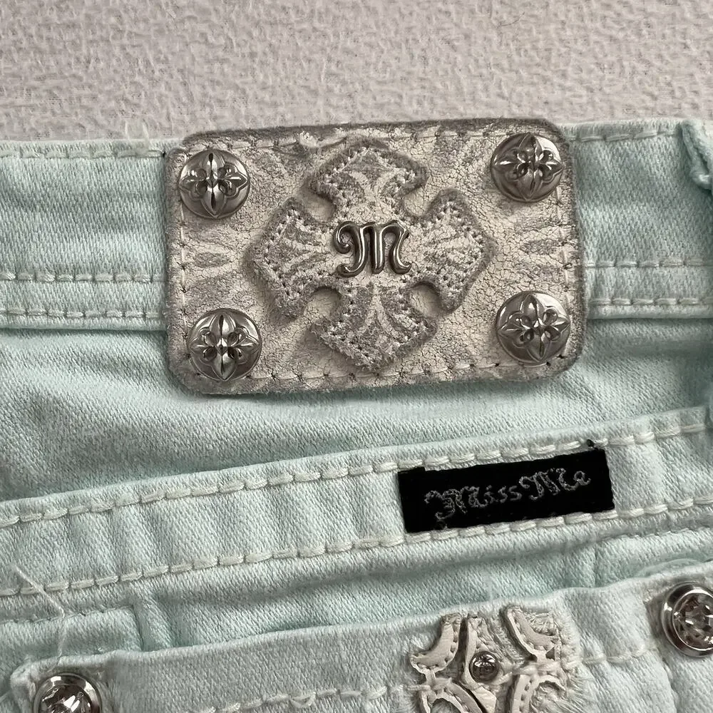 Miss Me Girl Icy Blue JK5633M4 Bermuda Bling Cross Stretch Denim Jean Short 16